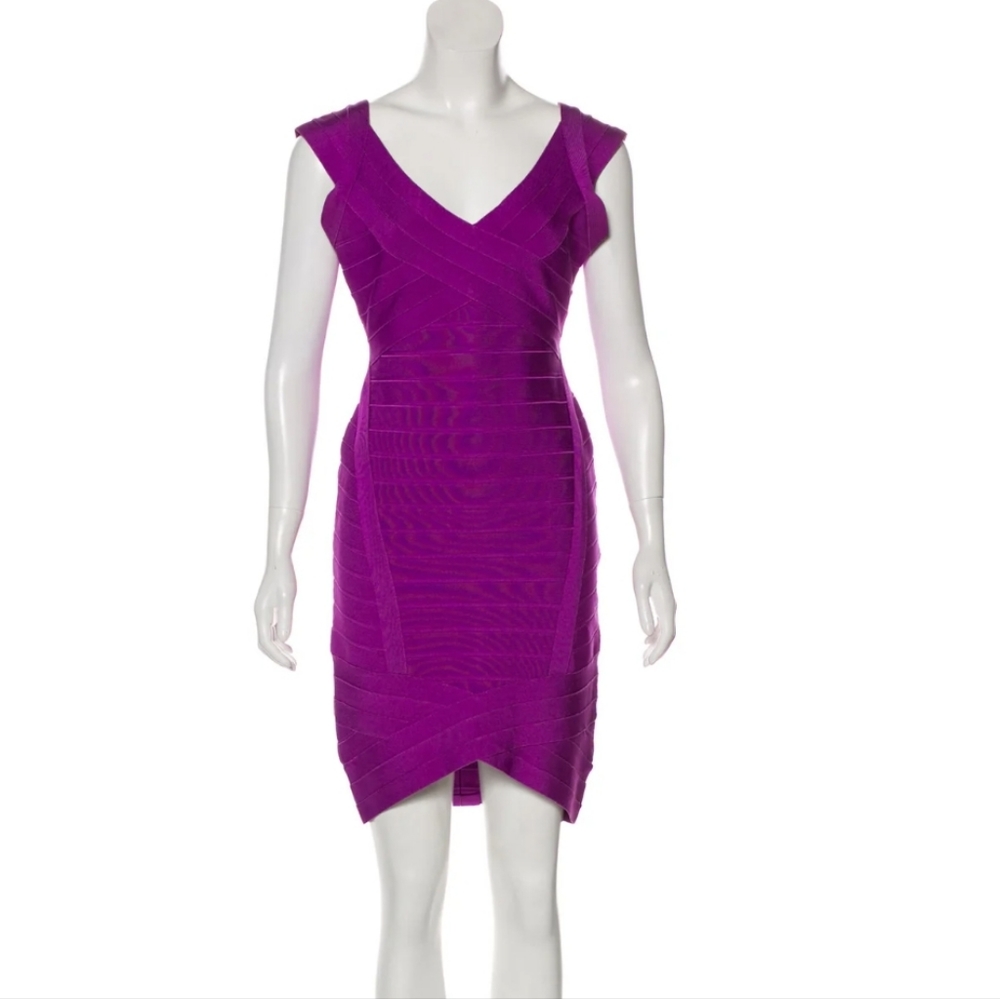 Herve Leger Purple Bandage Stretch V Neck Sleeveless Dress size L